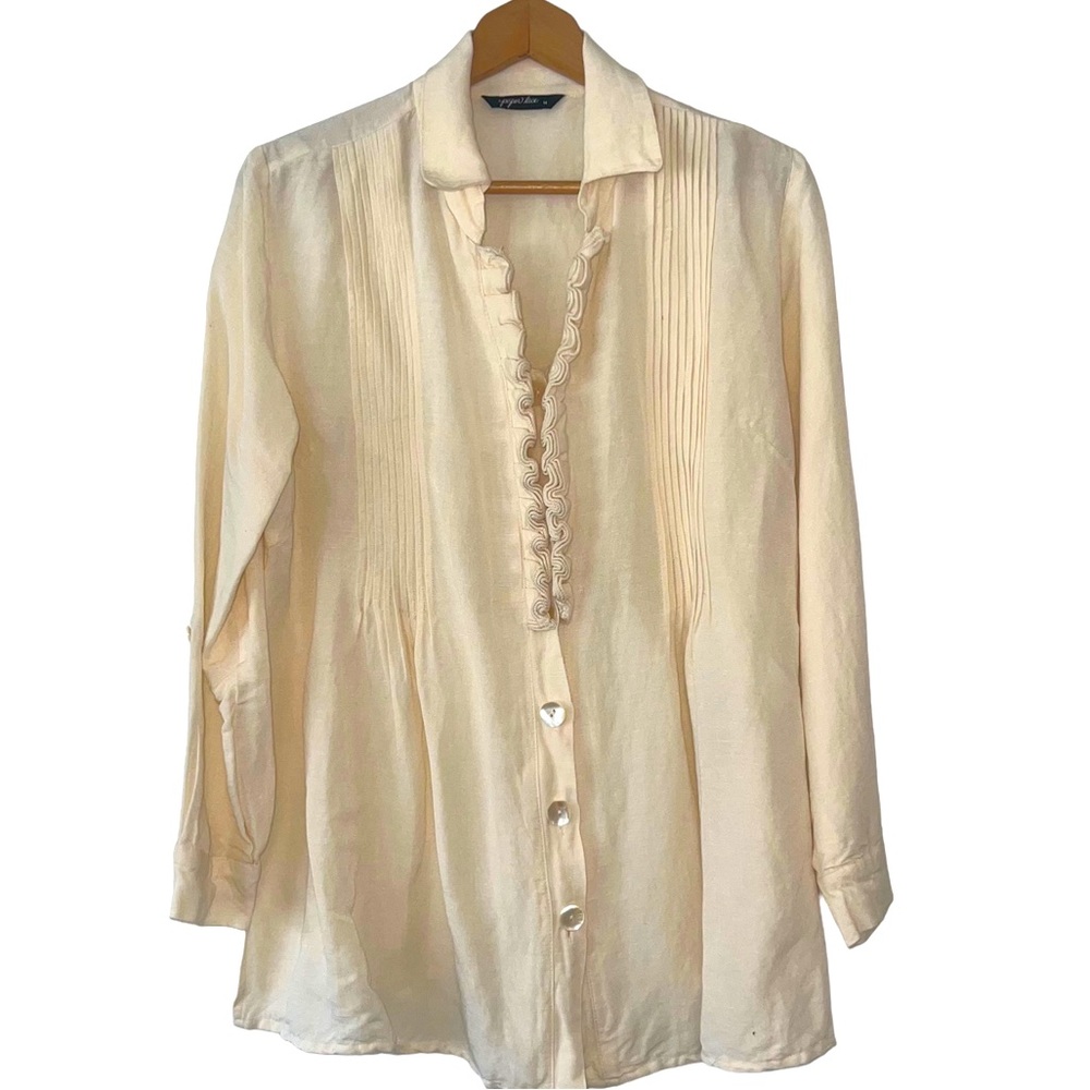 Cream Ruffled Button Down Shirt with Notched Collar